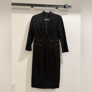 Cache power dress! Black with zipper v-neck & zipper waist accents. Lined​